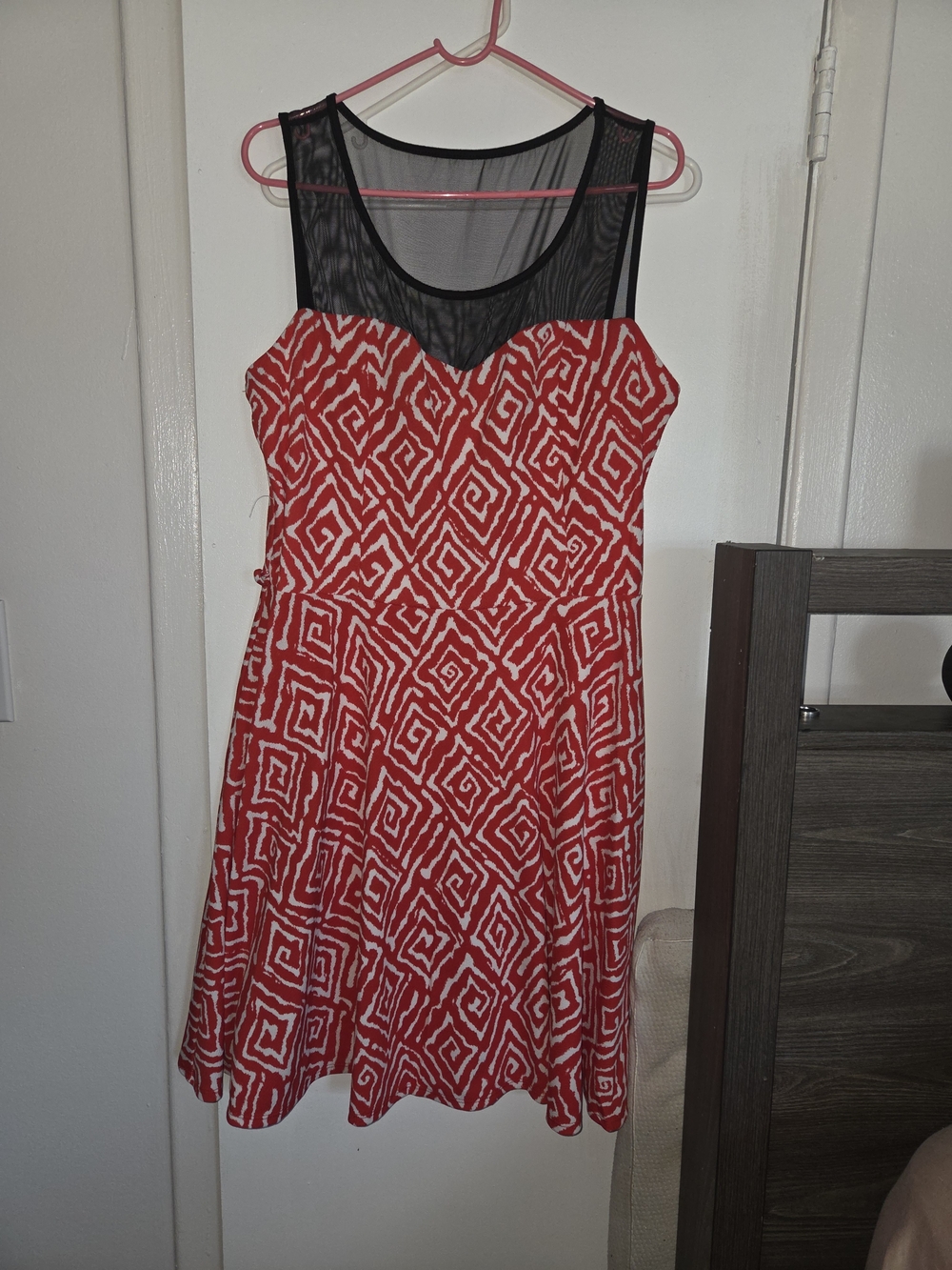 Fashion to Figure Red and White Mesh Yoke Skater Dress